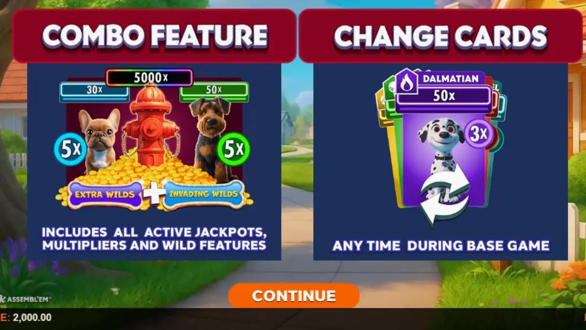 Tampilan visual slot Paw Pack Assembl’Em™ dengan karakter anjing yang ceria